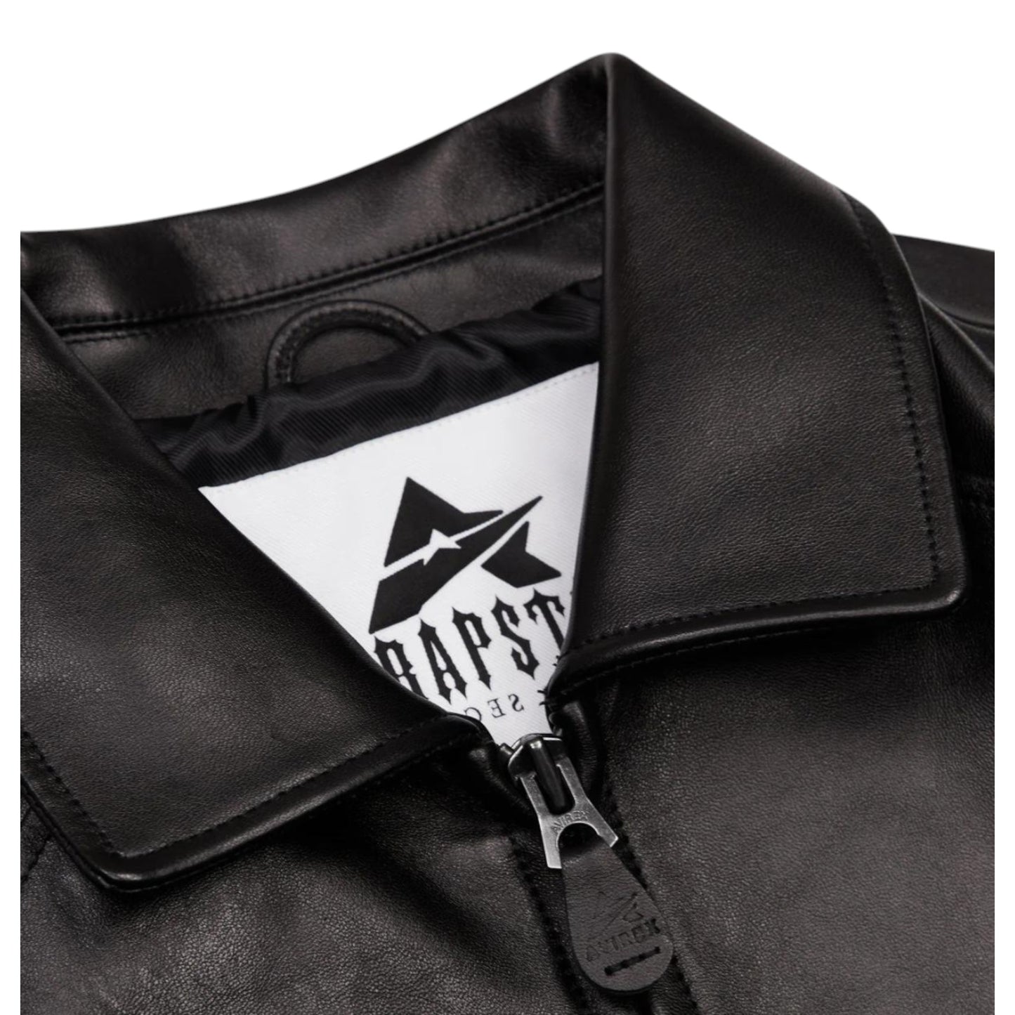 OFFCODE.USA Trapstar X Avirex Icon Leather Jacket in black. Features a zip closure and branded label.