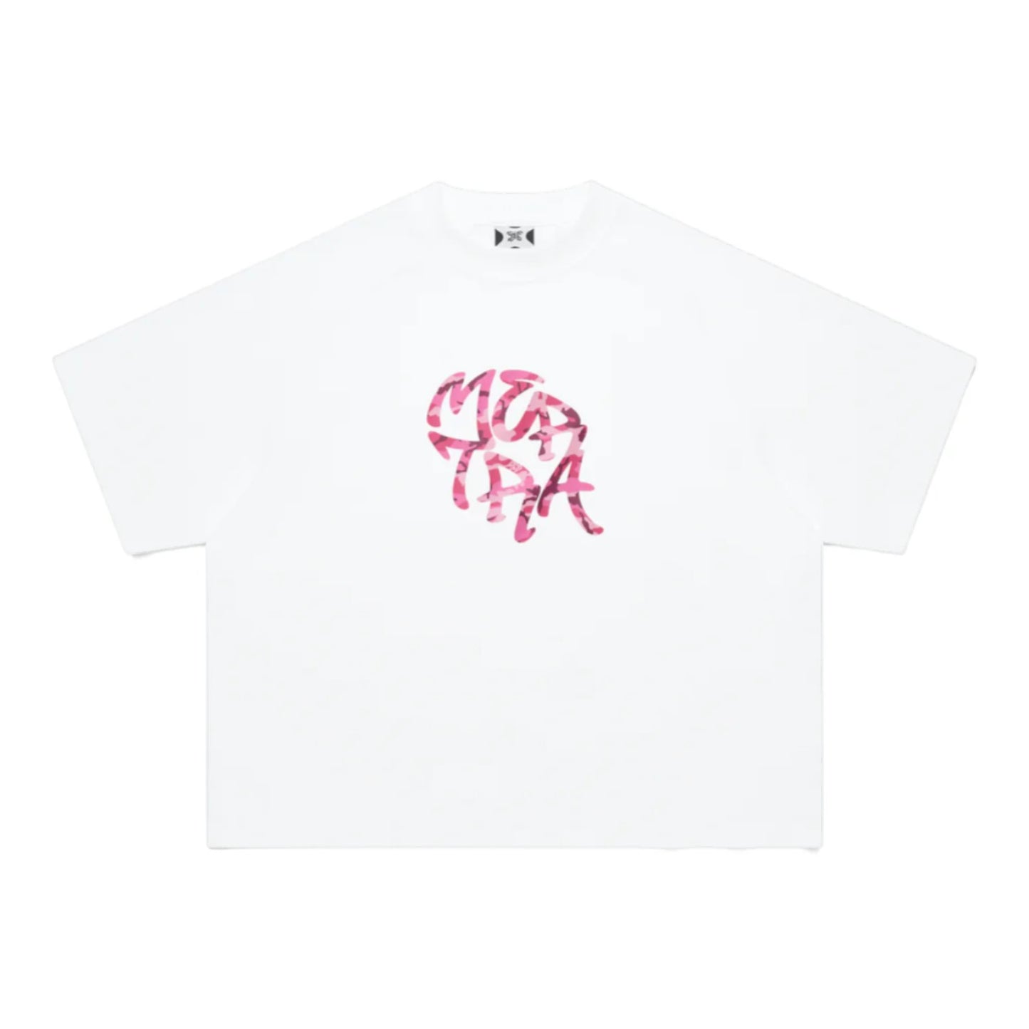 OFFCODE.USA white 100% cotton Glitch Tee with screen printed pink graphic, boxy and cropped fit.