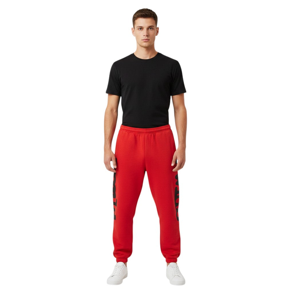 OFFCODE.USA red imitation cotton jogger pants with black graphic print and drawstring waist.