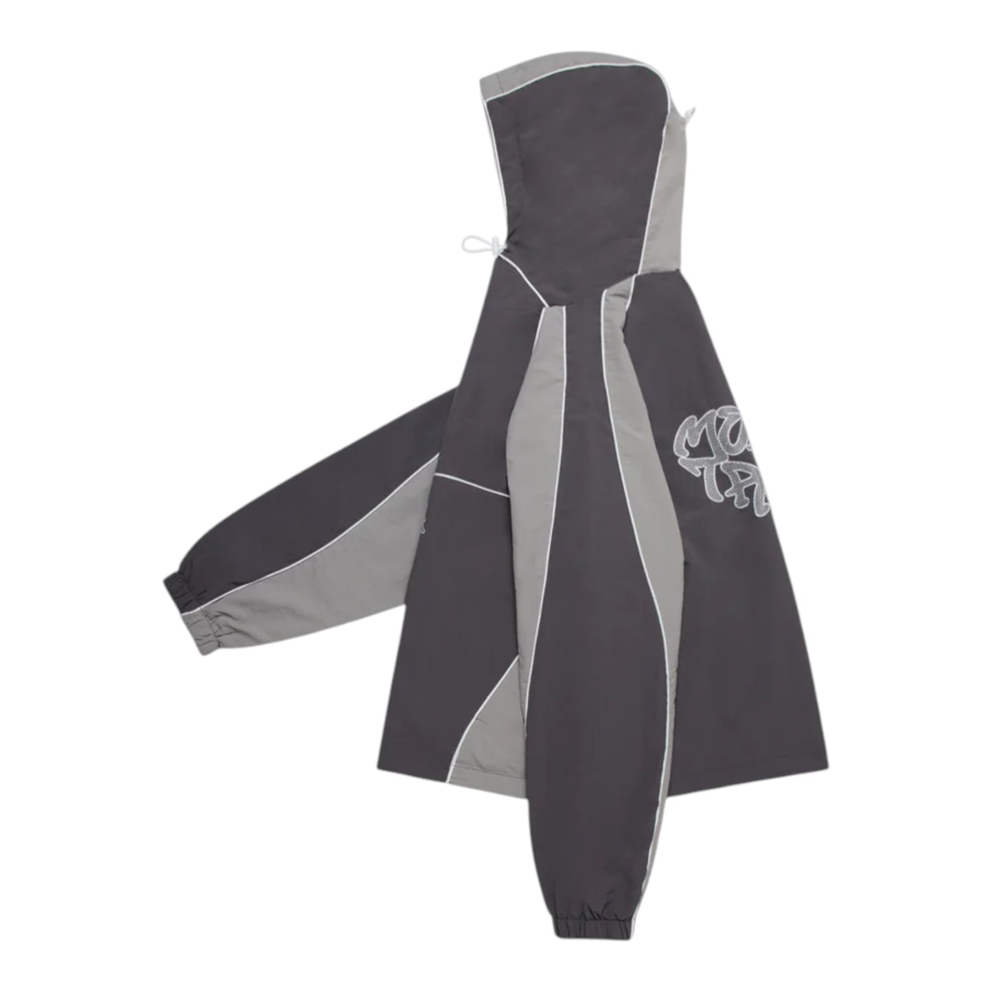 OFFCODE.USA two-tone grey nylon track jacket with half zipper, applique logo, and white piping.