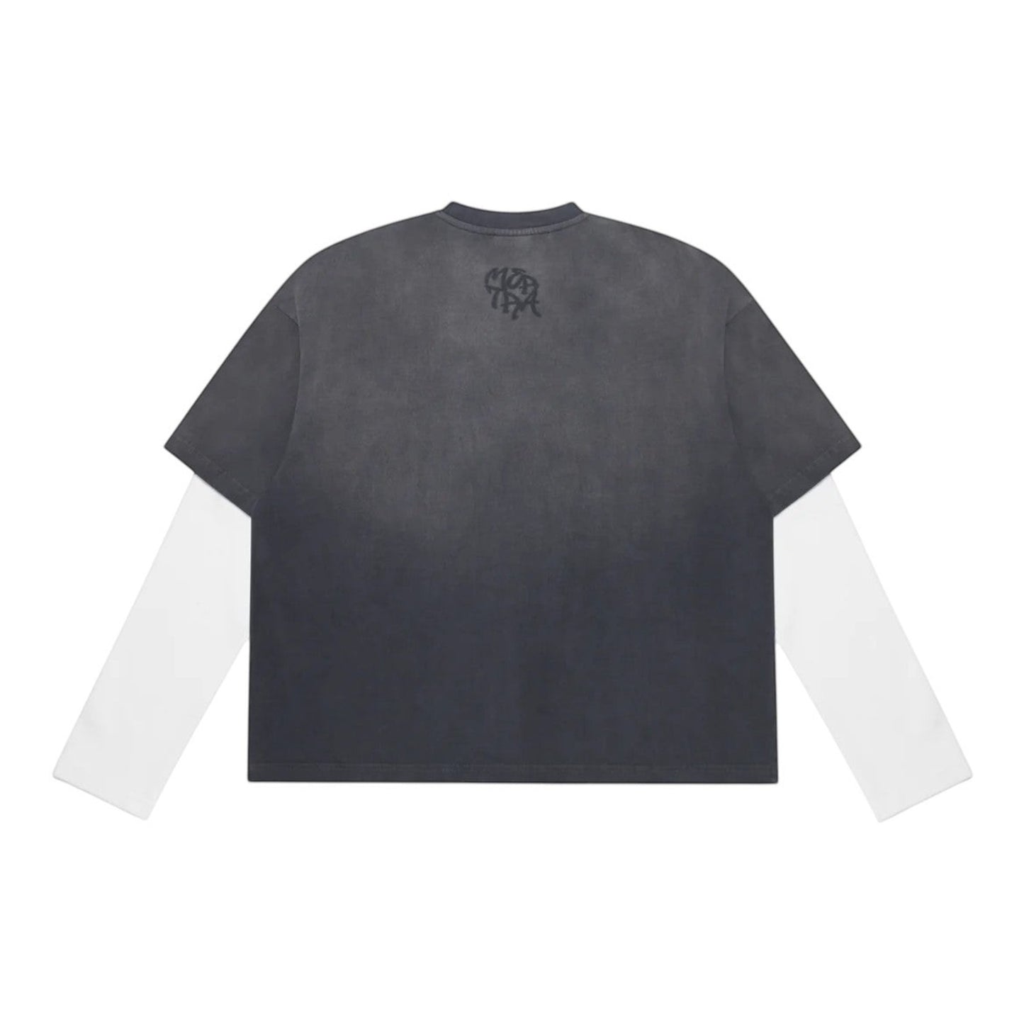OFFCODE.USA grey sun-faded cotton tee with built-in white waffle long sleeves and distressed details.
