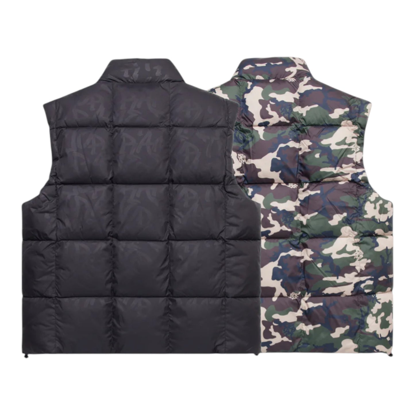 OFFCODE.USA reversible puffer vest with black iridescent monogram and camo pattern, nylon + polyester shells, down fill.