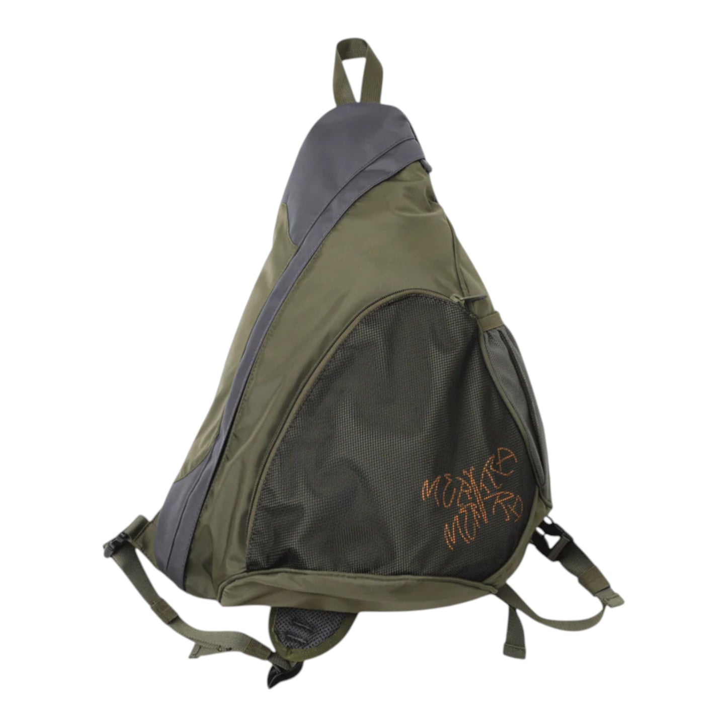 OFFCODE.USA olive green sling bag with mesh pocket and orange embroidered logo, adjustable strap.