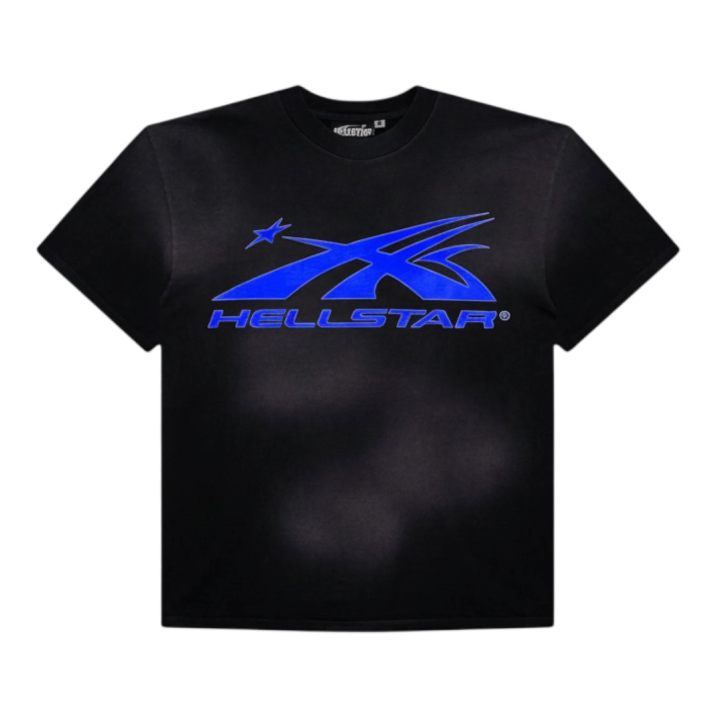 OFFCODE.USA black 100% cotton crew neck t-shirt with a loose fit and short sleeves, featuring a blue metallic 'HELLSTAR' logo and star graphic.