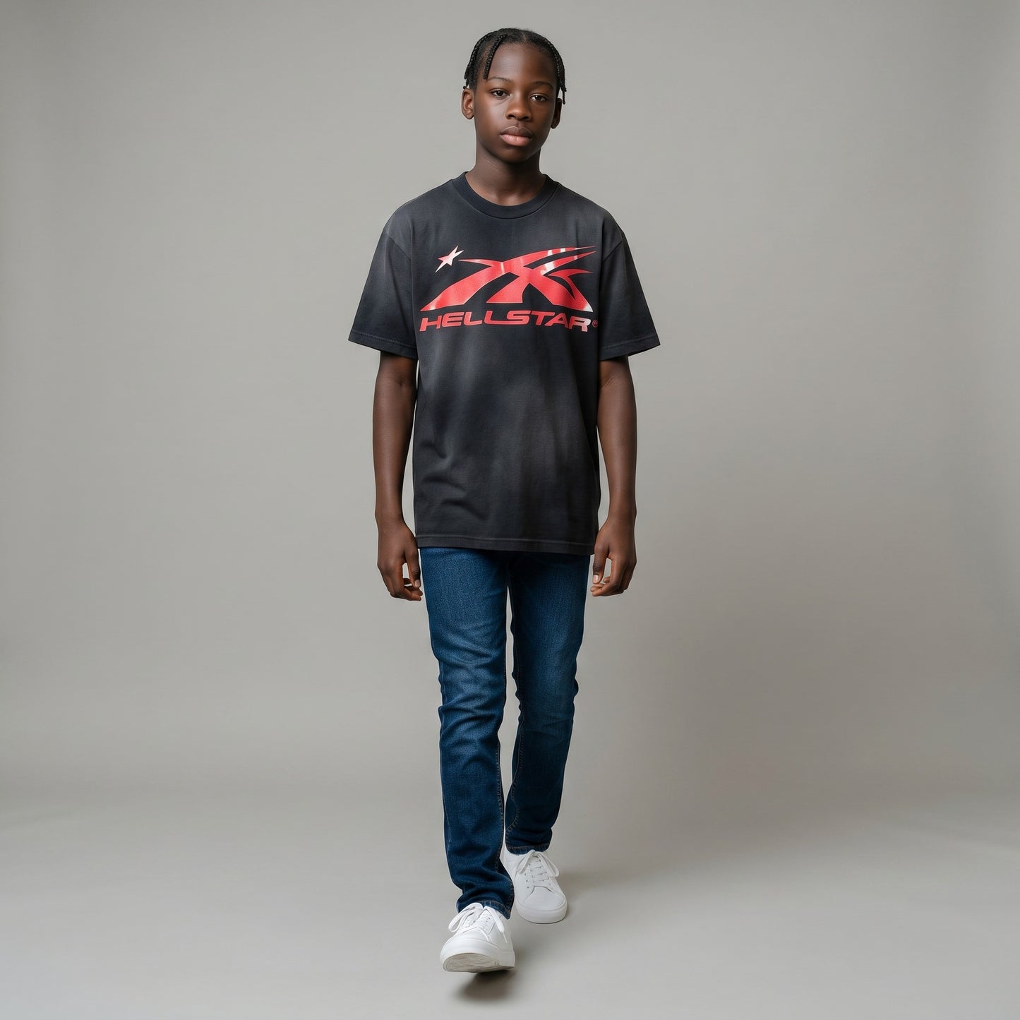 OFFCODE.USA men's black mercerized cotton crew neck t-shirt with red Hellstar logo print and loose fit.