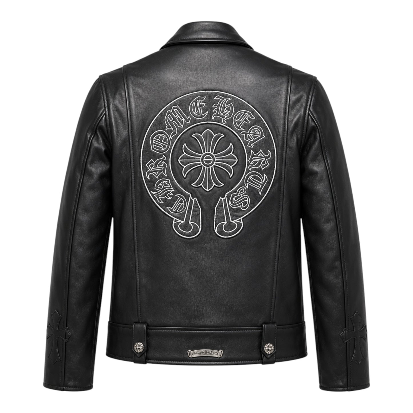 OFFCODE.USA black leather biker jacket with embroidered horseshoe logo on back. Features silver hardware and cross detail on sleeve.