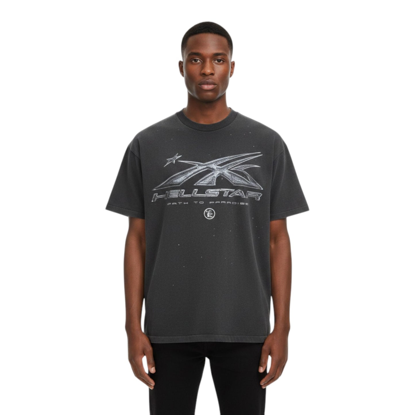 OFFCODE.USA men's dark grey washed cotton t-shirt with distressed graphic print and short sleeves.