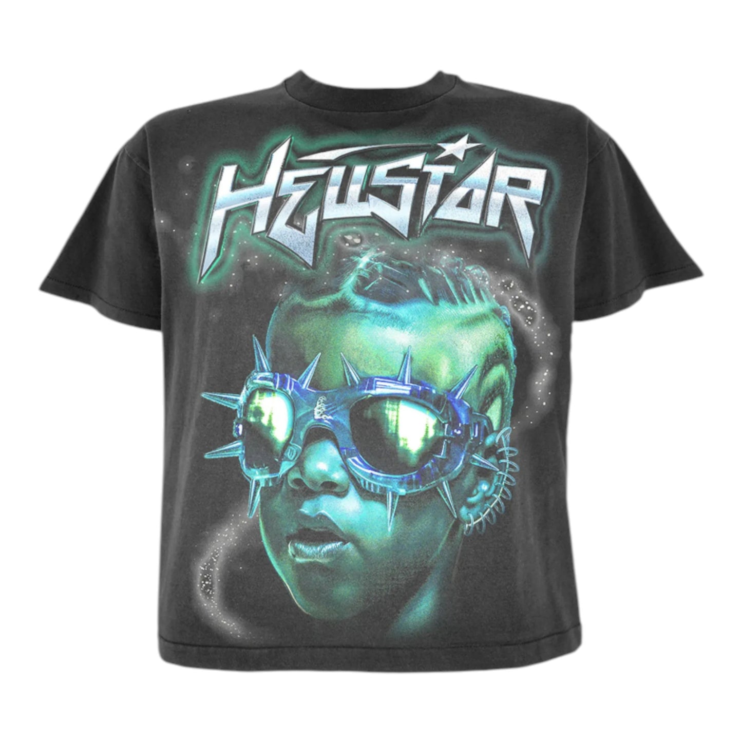 OFFCODE.USA black 100% cotton t-shirt with a graphic of a person wearing futuristic spiked goggles and the Hellstar logo.