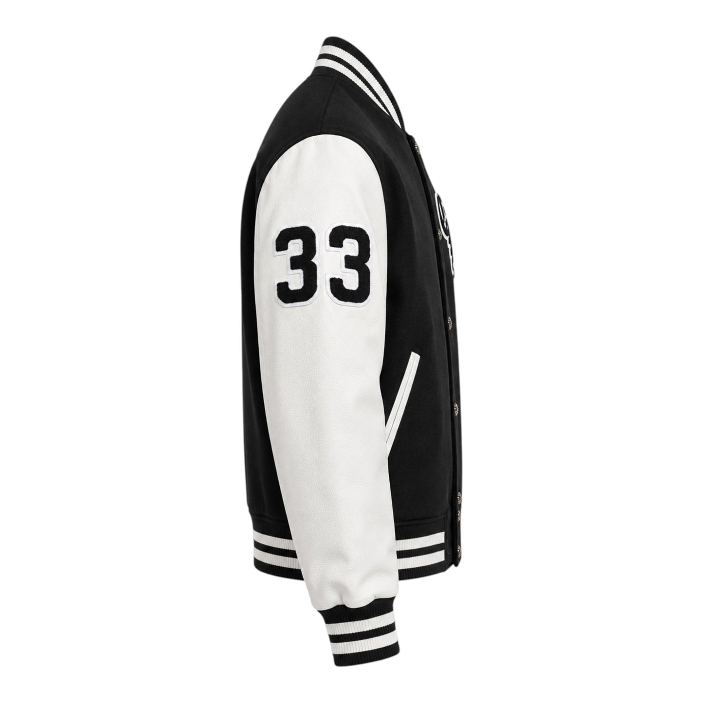 OFFCODE.USA black and white varsity jacket with "33" on sleeve and striped cuffs.