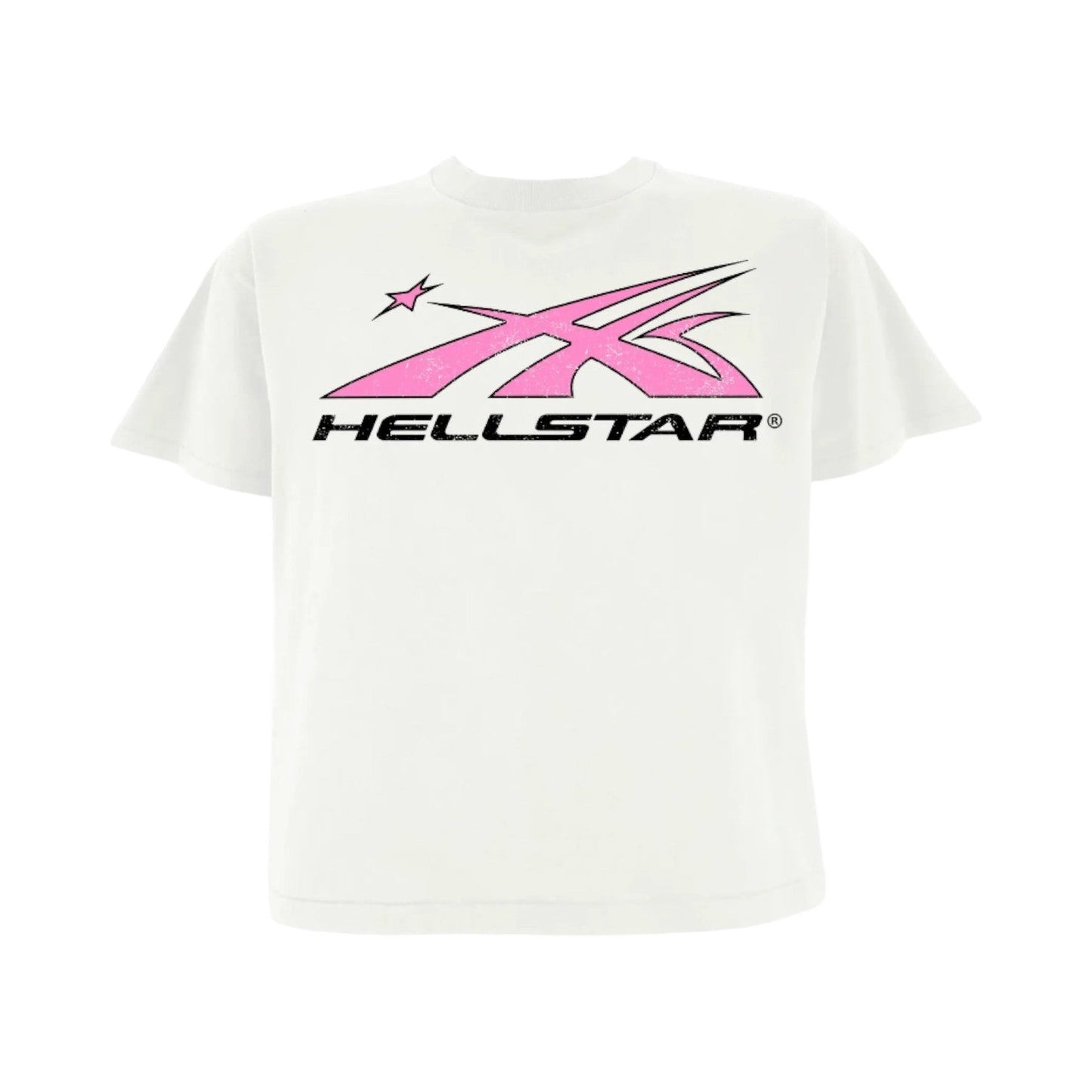OFFCODE.USA white pure cotton short-sleeved t-shirt with pink and black Hellstar graphic logo. Loose fit, casual style.