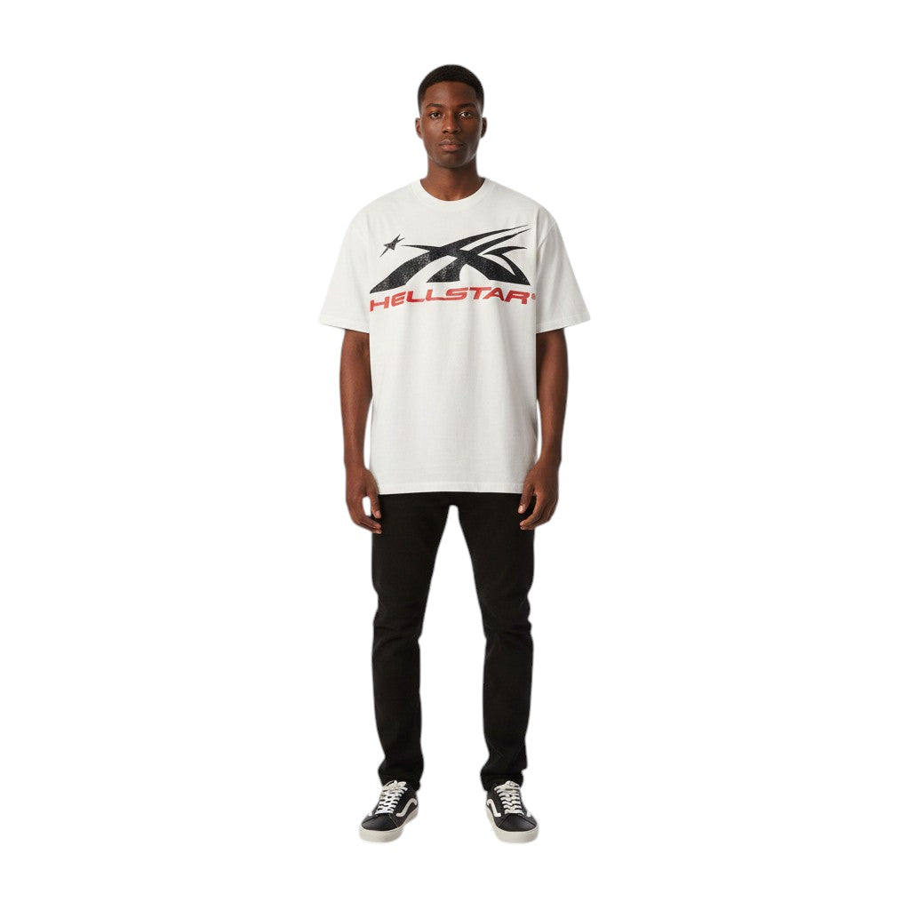 OFFCODE.USA white 100% cotton loose-fit crew neck t-shirt with distressed Hellstar graphic print.
