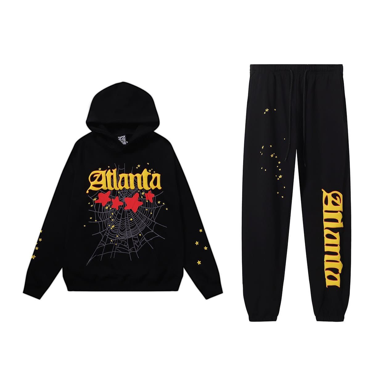Black hooded sweatshirt and matching sweatpants with orange city lettering, shown together flat.