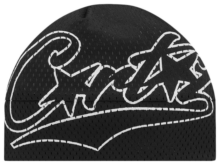Black mesh beanie with a large white script front print, shown flat.