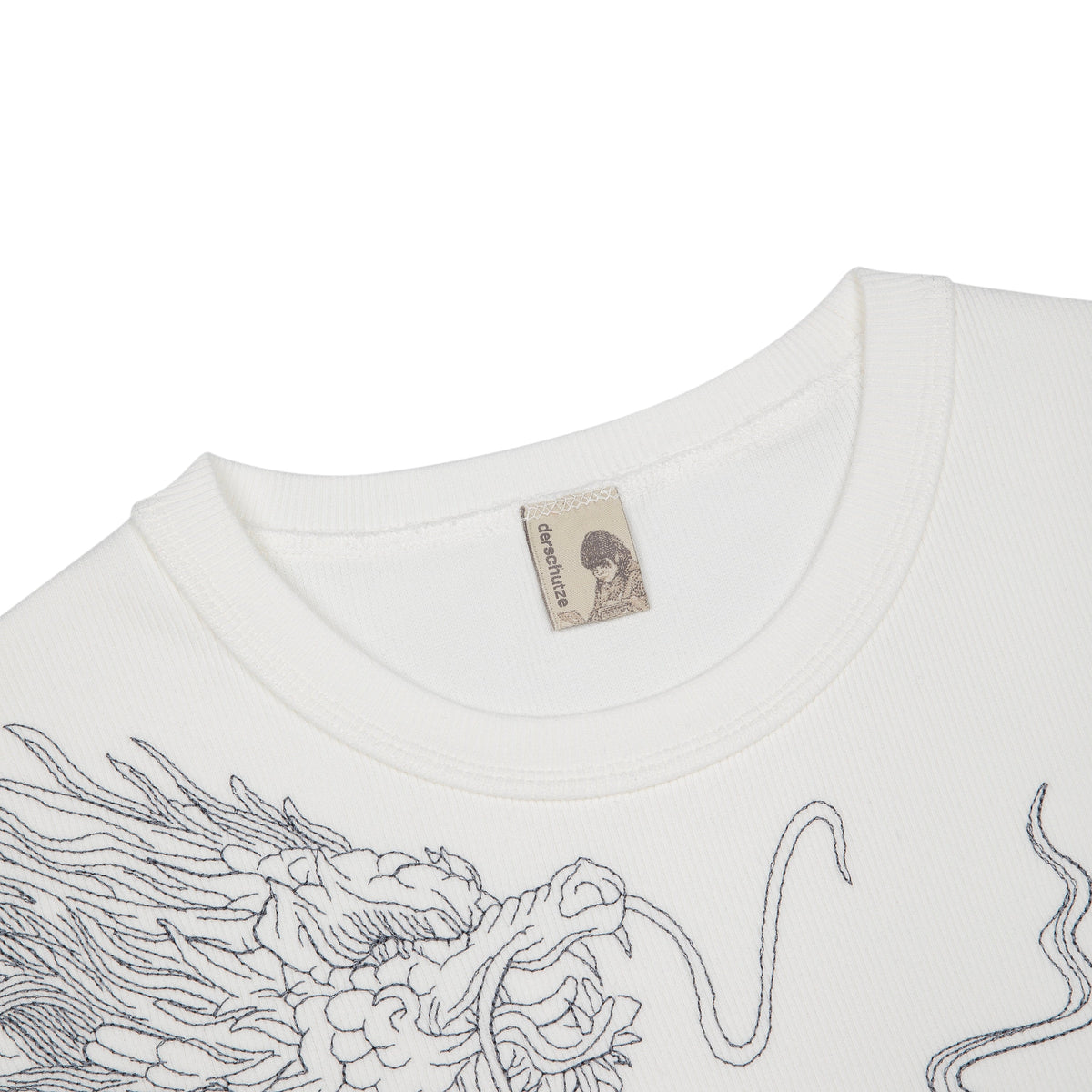 Derschutze Yakuza Ribbed T-Shirt in Off White - ribbed collar and woven brand label