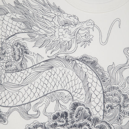 Derschutze Yakuza Ribbed T-Shirt in Off White - close-up of the embroidered dragon