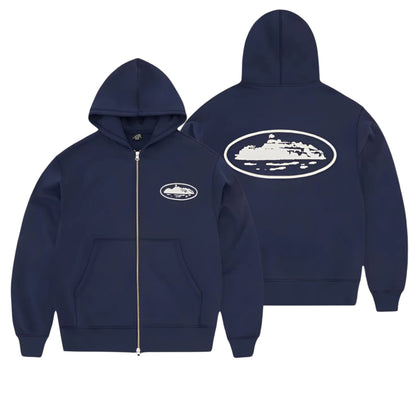 Island Puff Print Zip Hoodie Green - Dark Blue - Baby Blue