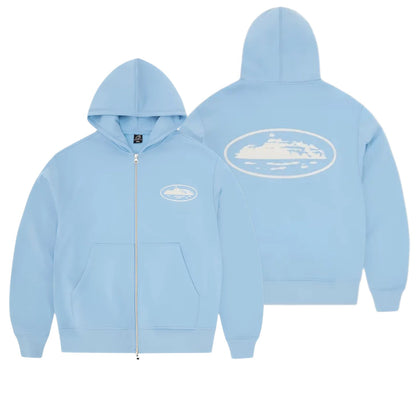 Island Puff Print Zip Hoodie Green - Dark Blue - Baby Blue