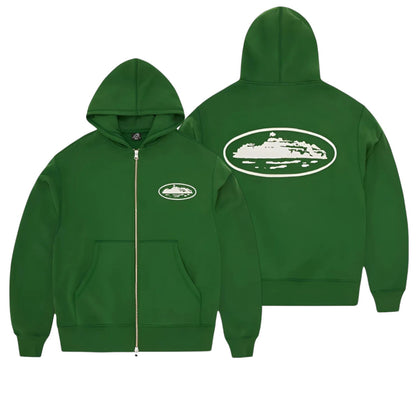 Island Puff Print Zip Hoodie Green - Dark Blue - Baby Blue