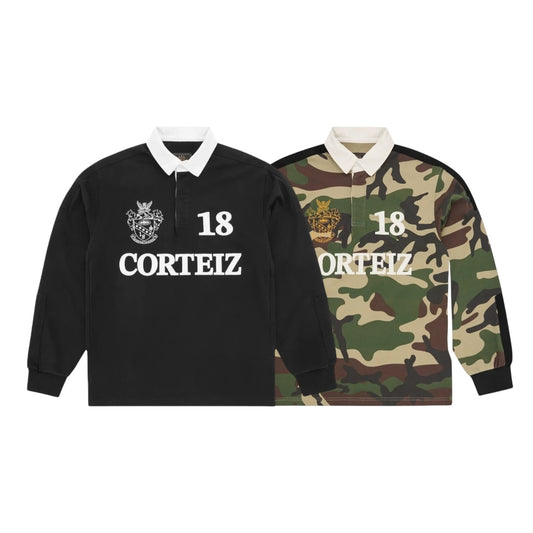Corteiz Panelled Rugby Top Woodland Camo - Black
