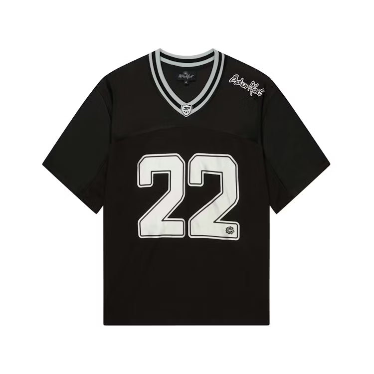 Broken Planet football jersey in black and silver, front view