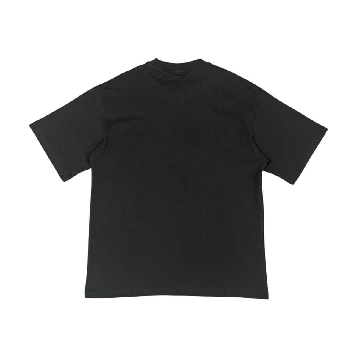 Back view of a black short-sleeve T-shirt.