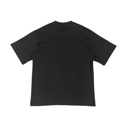Back view of a black short-sleeve T-shirt.