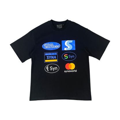 Black short-sleeve T-shirt with six badge-style graphics arranged in a grid on the front.