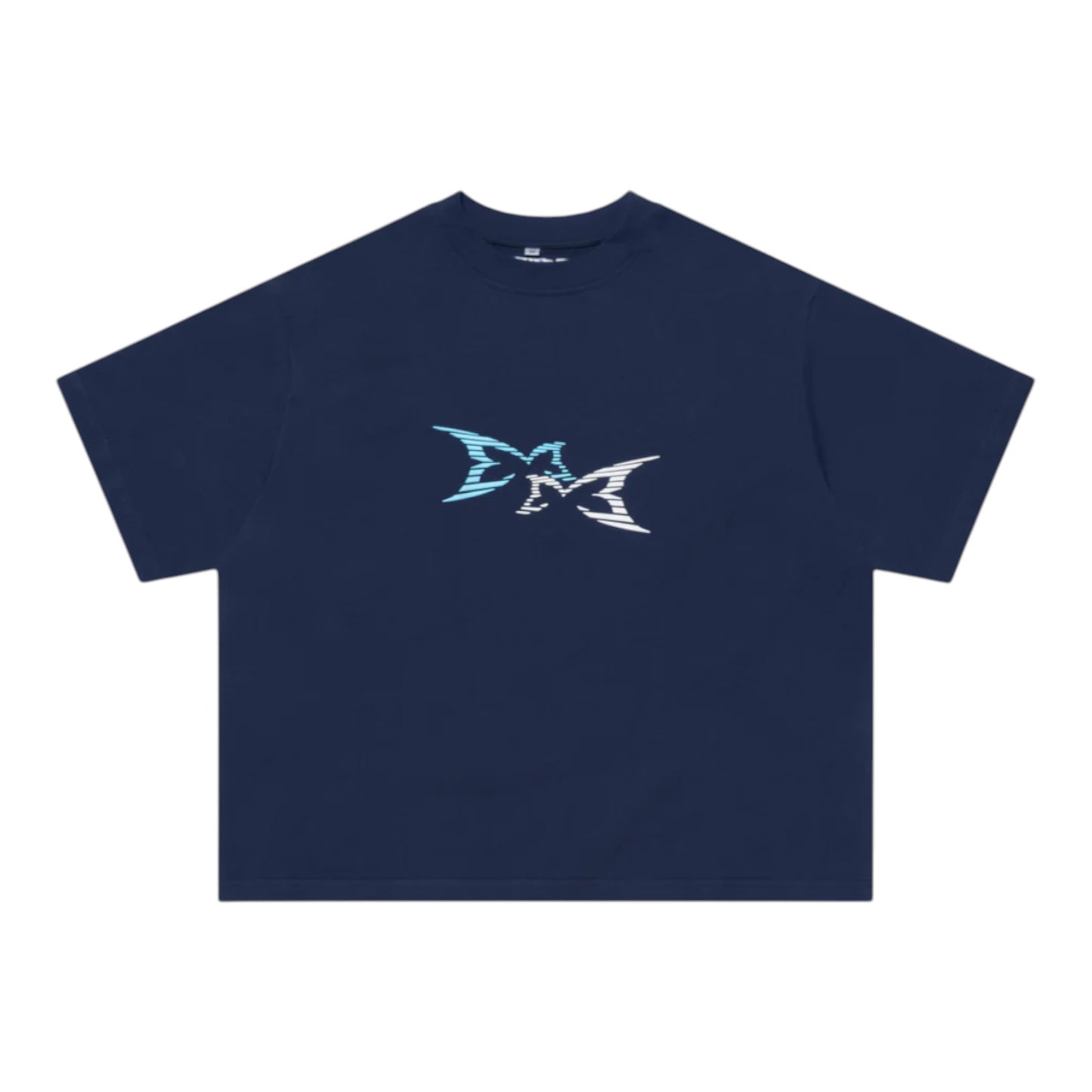 OFFCODE.USA navy blue 100% cotton boxy fit t-shirt with a high frequency 3D front graphic and embroidered back graphic.