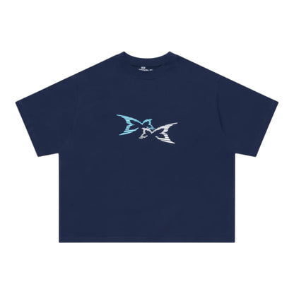 OFFCODE.USA navy blue 100% cotton boxy fit t-shirt with a high frequency 3D front graphic and embroidered back graphic.