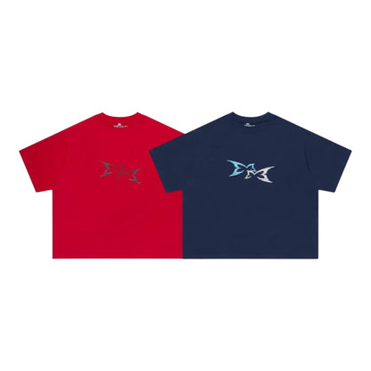 OFFCODE.USA red and navy blue 100% cotton boxy fit t-shirts with 3D front graphic and embroidered back graphic.