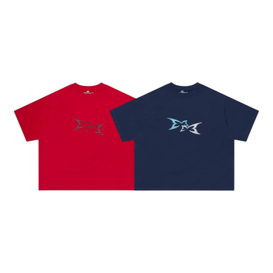 OFFCODE.USA red and navy blue 100% cotton boxy fit t-shirts with 3D front graphic and embroidered back graphic.