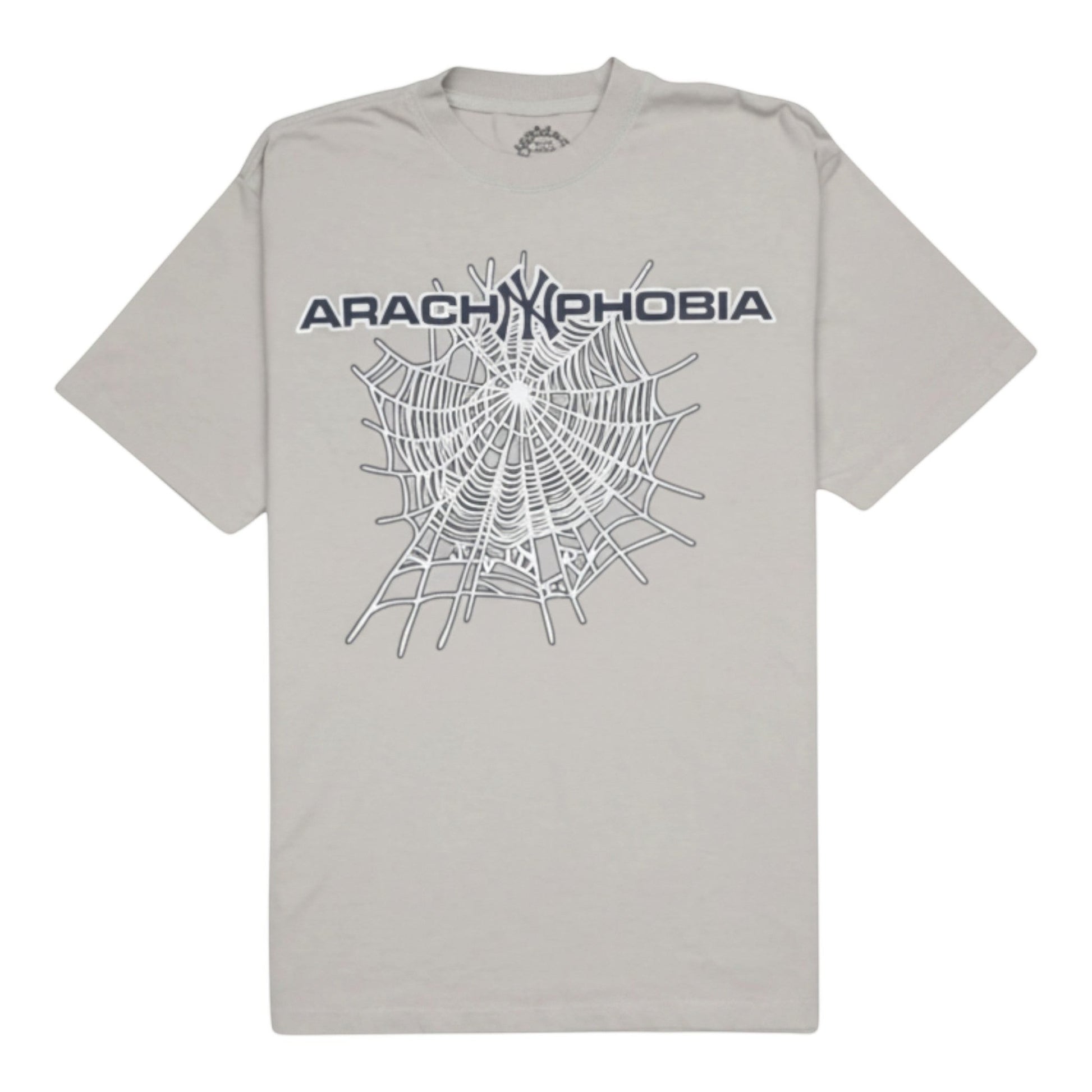 OFFCODE.USA grey cotton t-shirt with spider web graphic and "Arachnophobia" text.