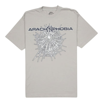 OFFCODE.USA grey cotton t-shirt with spider web graphic and "Arachnophobia" text.