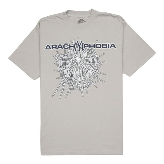 OFFCODE.USA grey cotton t-shirt with spider web graphic and "Arachnophobia" text.