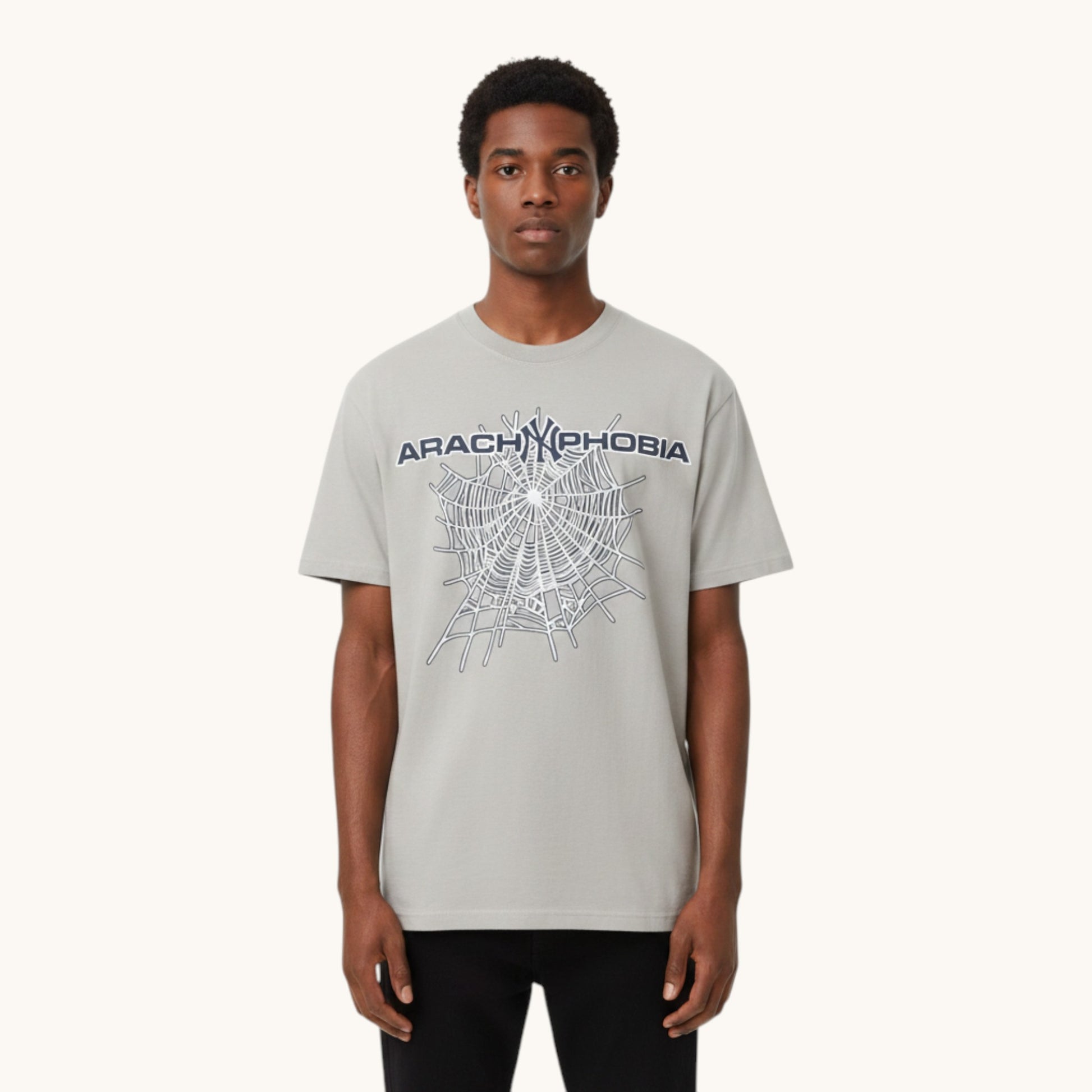 OFFCODE.USA grey cotton t-shirt with spider web graphic and "Arachnophobia" text. Short sleeves, crew neck.