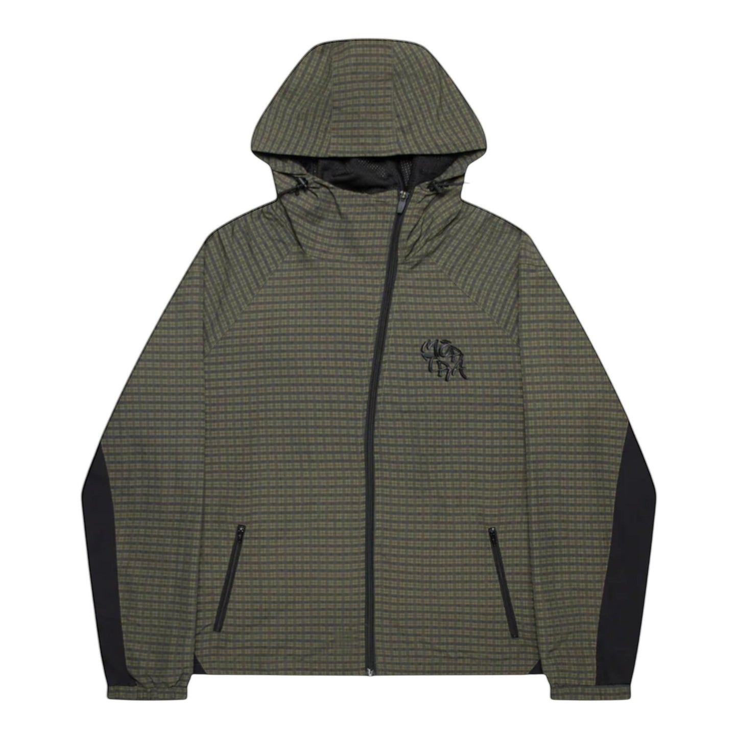 OFFCODE.USA Asymmetrical Plaid Softshell jacket with hood, waterproof polyamide shell, mesh lining, and embroidered logo.