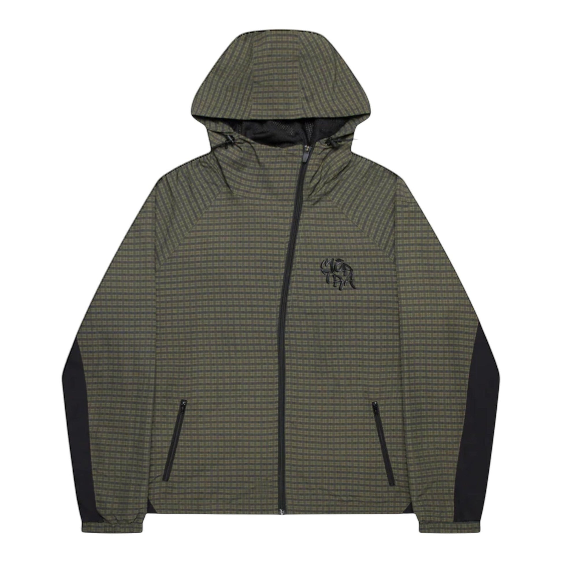 OFFCODE.USA Asymmetrical Plaid Softshell jacket with hood, waterproof polyamide shell, mesh lining, and embroidered logo.