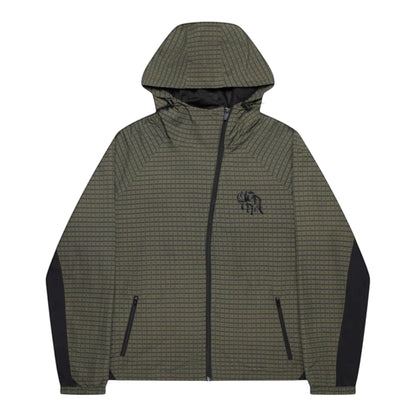 OFFCODE.USA Asymmetrical Plaid Softshell jacket with hood, waterproof polyamide shell, mesh lining, and embroidered logo.