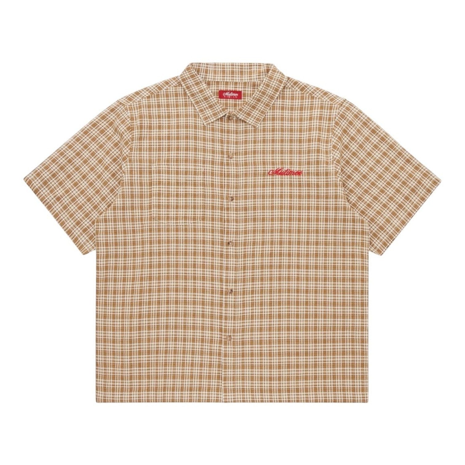 OFFCODE.USA Australiana Plaid Shirt in tan and white plaid. Short-sleeve button-up with embroidered logo on chest.
