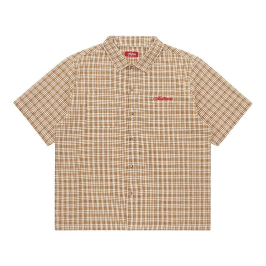 OFFCODE.USA Australiana Plaid Shirt in tan and white plaid. Short-sleeve button-up with embroidered logo on chest.