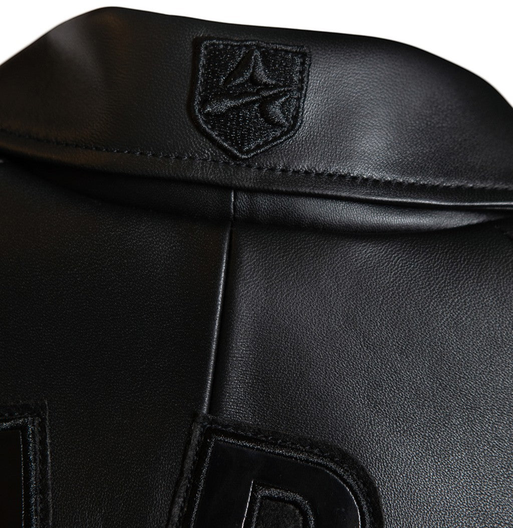 OFFCODE.USA Avirex Icon black leather bomber jacket with embroidered logo detail on collar.