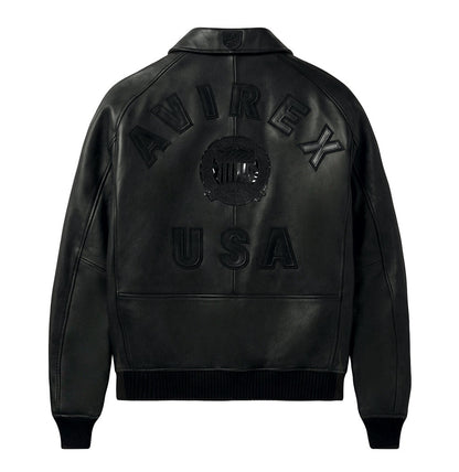 OFFCODE.USA black leather bomber jacket with "AVIREX USA" logo detail on back. Ribbed hem and cuffs.
