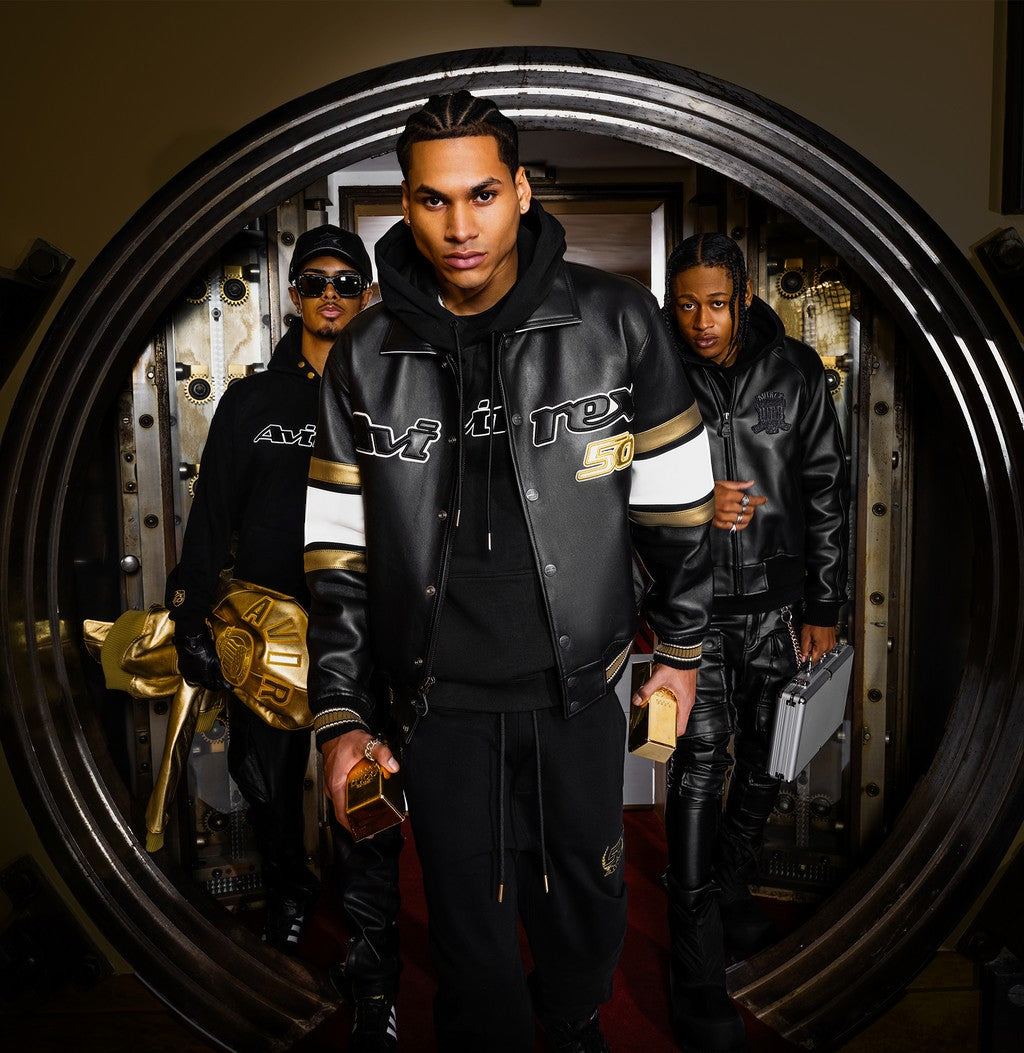 OFFCODE.USA Avirex Icon Jacket: Black antique European lamb leather bomber jacket with white and gold stripe details and logo.
