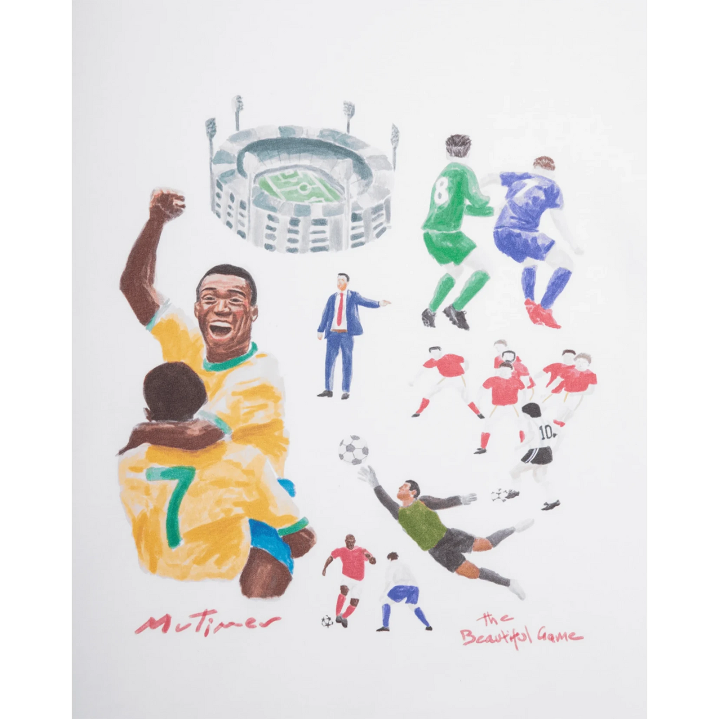 OFFCODE.USA Beautiful Game T-Shirt featuring a watercolor illustration of a soccer match with players, a stadium, and a referee.