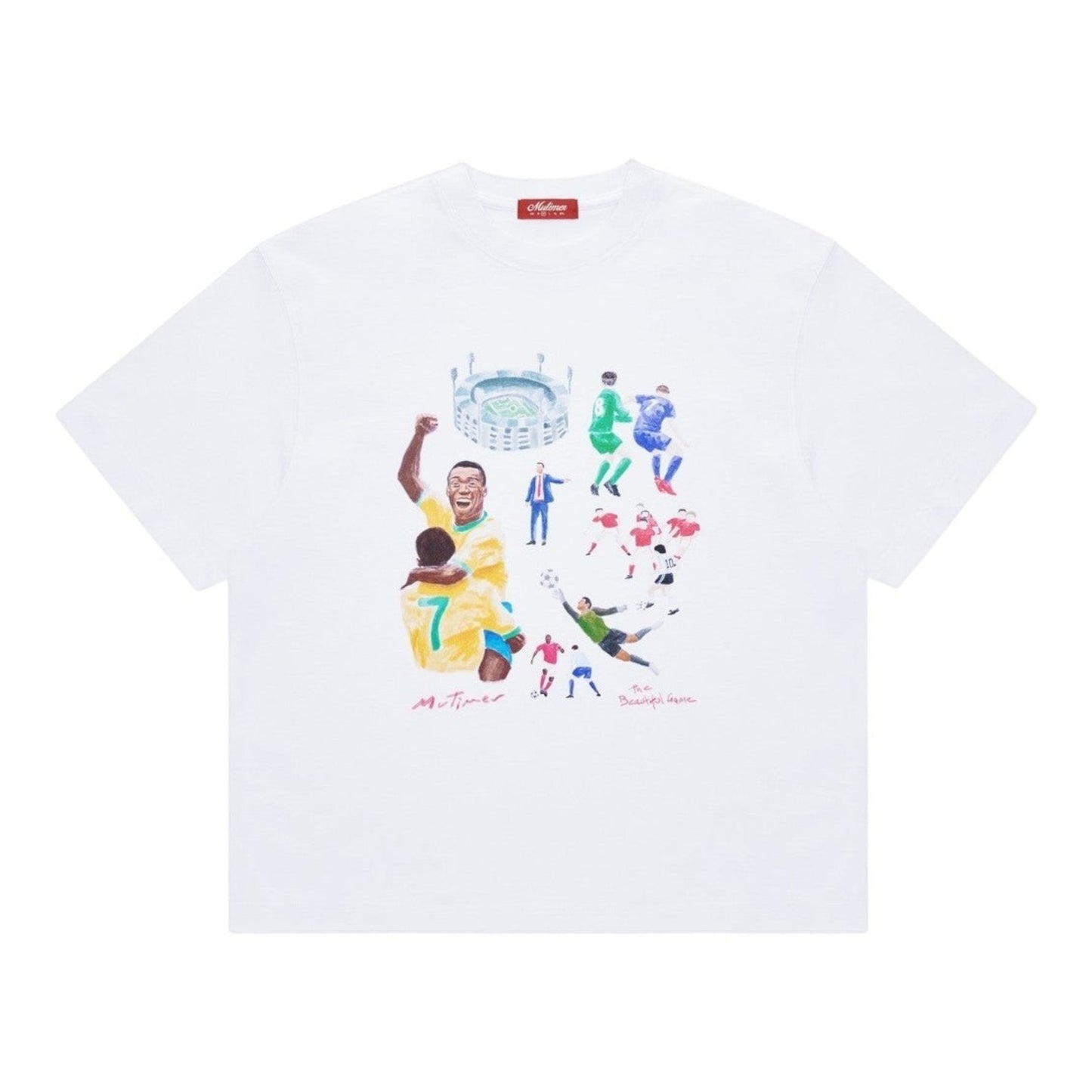 OFFCODE.USA white cotton t-shirt with a graphic print of a soccer match scene, featuring players, a stadium, and text.