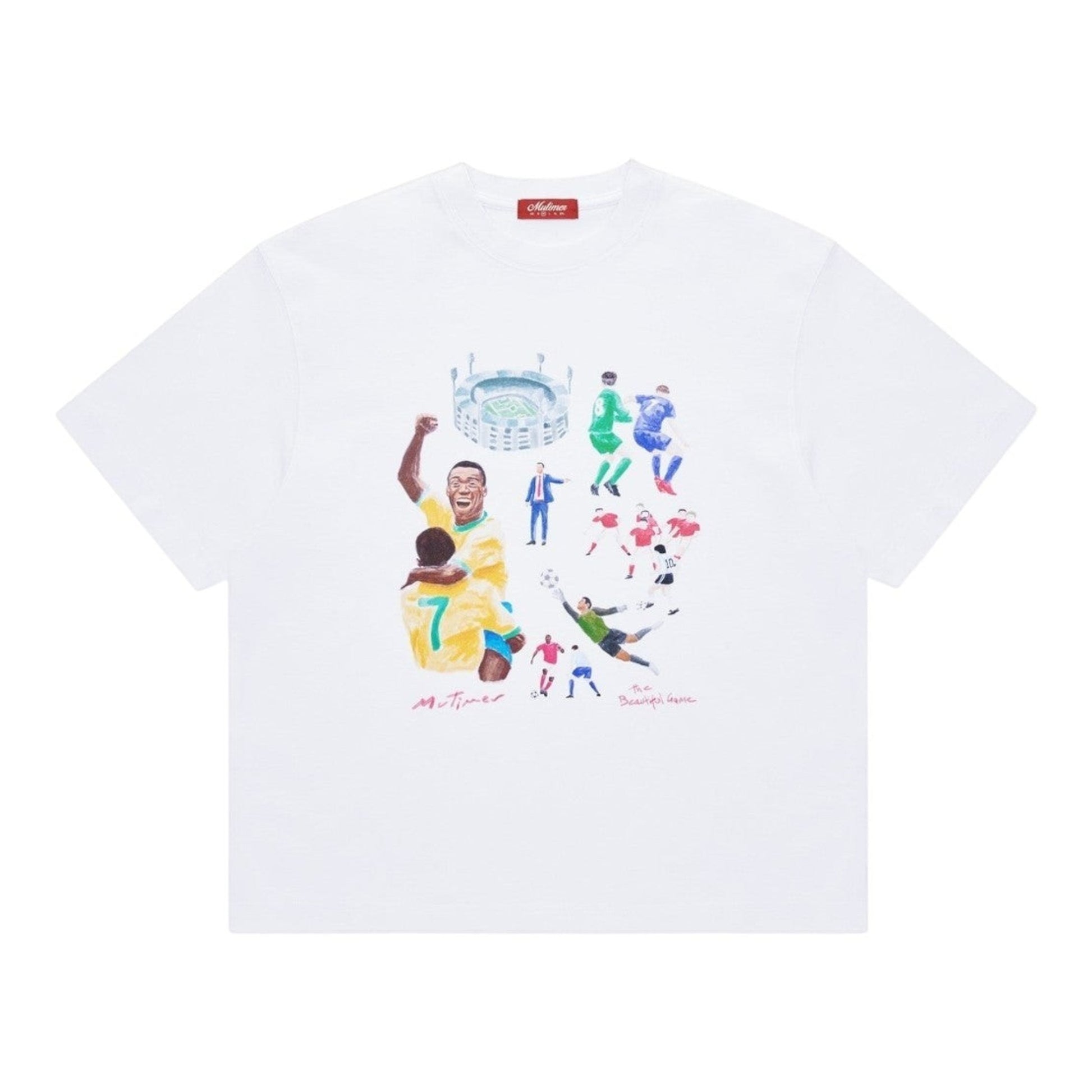 OFFCODE.USA white cotton t-shirt with a graphic print of a soccer match scene, featuring players, a stadium, and text.