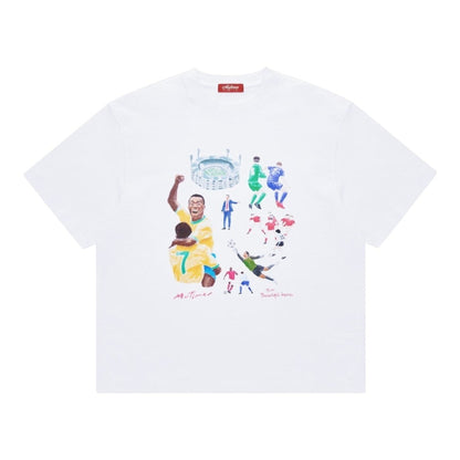 OFFCODE.USA white cotton t-shirt with a graphic print of a soccer match scene, featuring players, a stadium, and text.