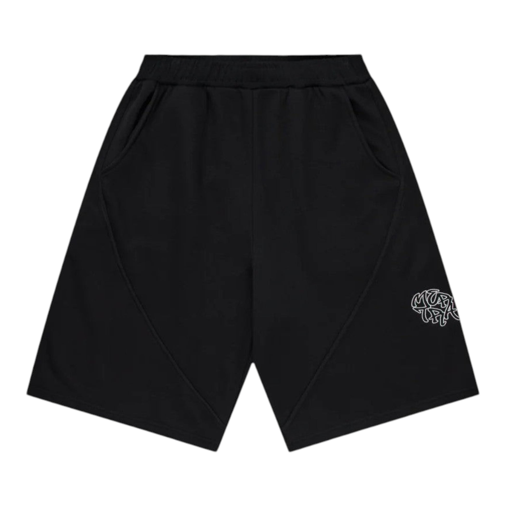 OFFCODE.USA Bigstep black shorts with white graphic logo on the right leg and diagonal seam details.