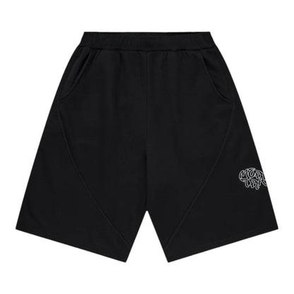 OFFCODE.USA Bigstep black shorts with white graphic logo on the right leg and diagonal seam details.