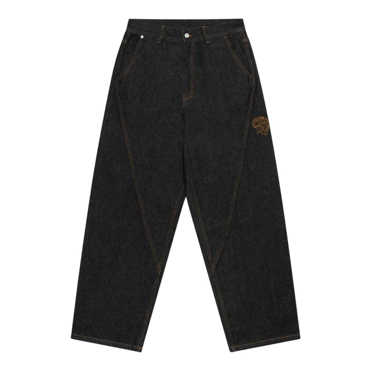 OFFCODE.USA Bigstep Denim black wide leg jeans with rice embroidered graphics and signature panelling.
